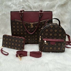 Handbag Women Set 3 pcs Monogram Satchel Backpack Wallet Brown Burgundy
